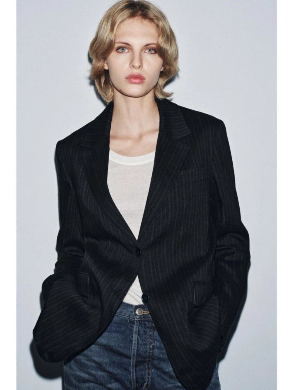 Zara ZW Womens Linen Blazer suit Jacket Small Black Striped 2922/246 NWT